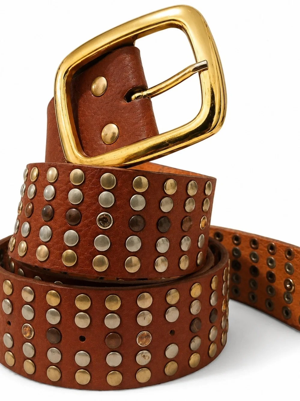 Studded Brown Leather Men's Belt with Gold Buckle